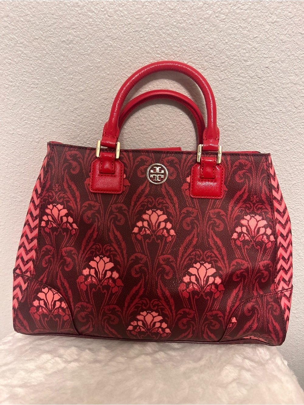 Tory Burch Red Pink Floral Patterned Satchel Bag with Gold Hardware New